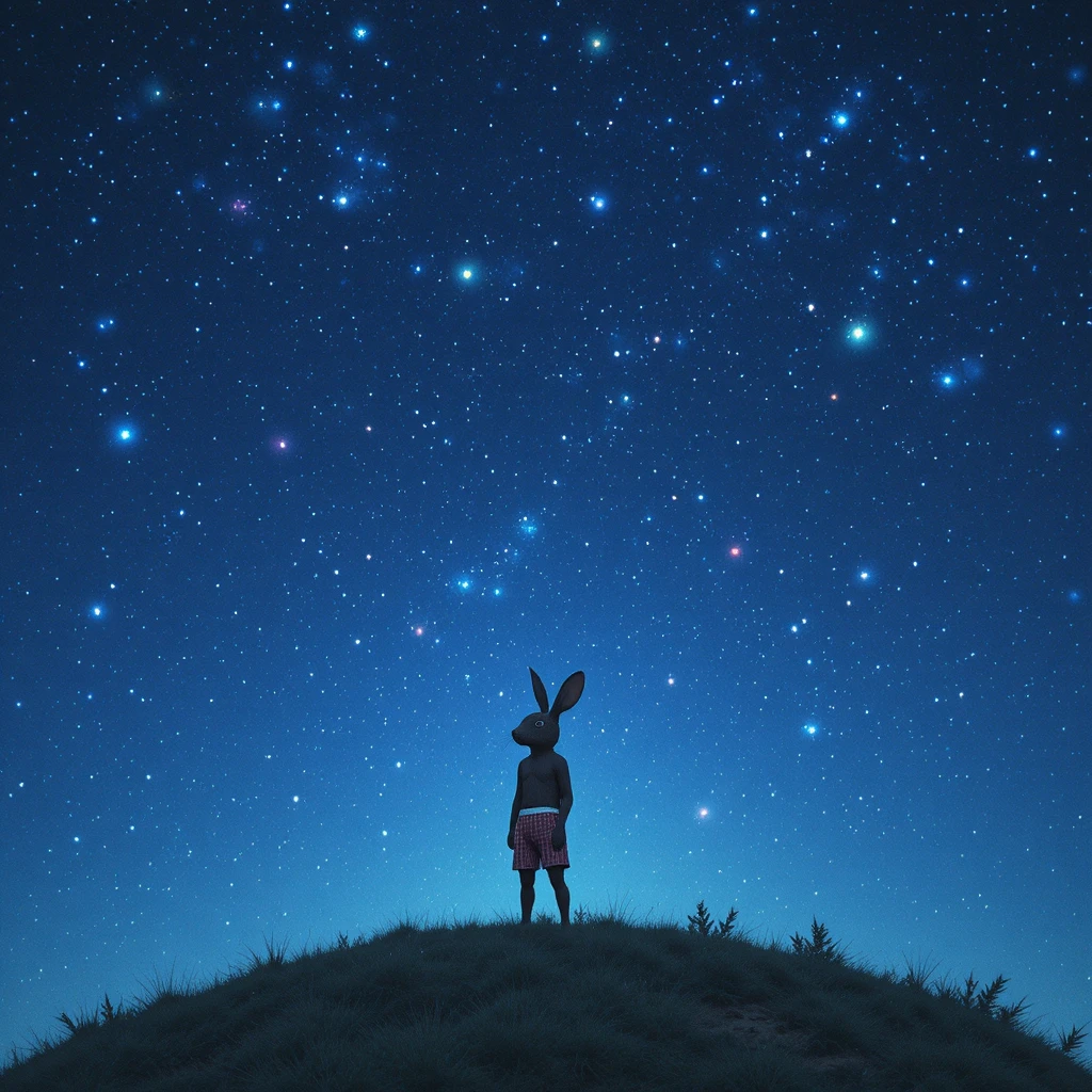 Coelho de shorts contemplando um céu estrelado à meia-noite
