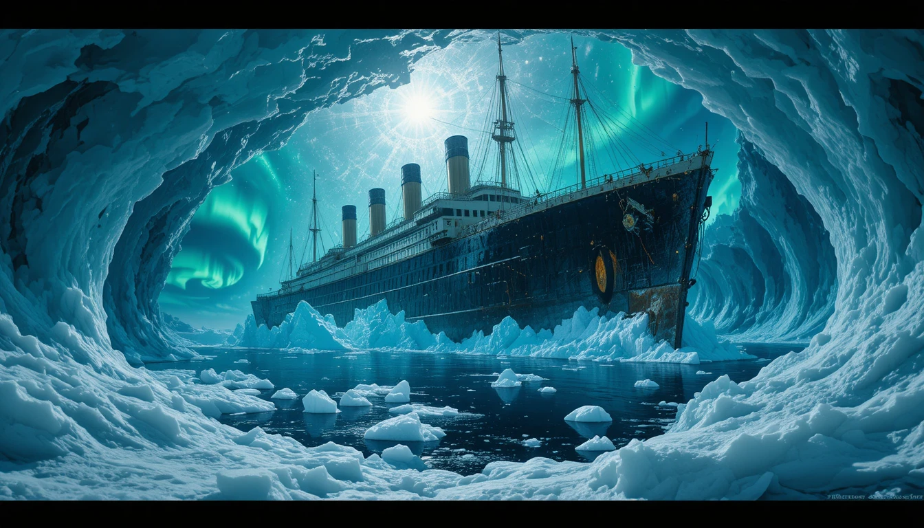 Naufrágio de navio a vapor congelado dentro de um iceberg subaquático no Ártico