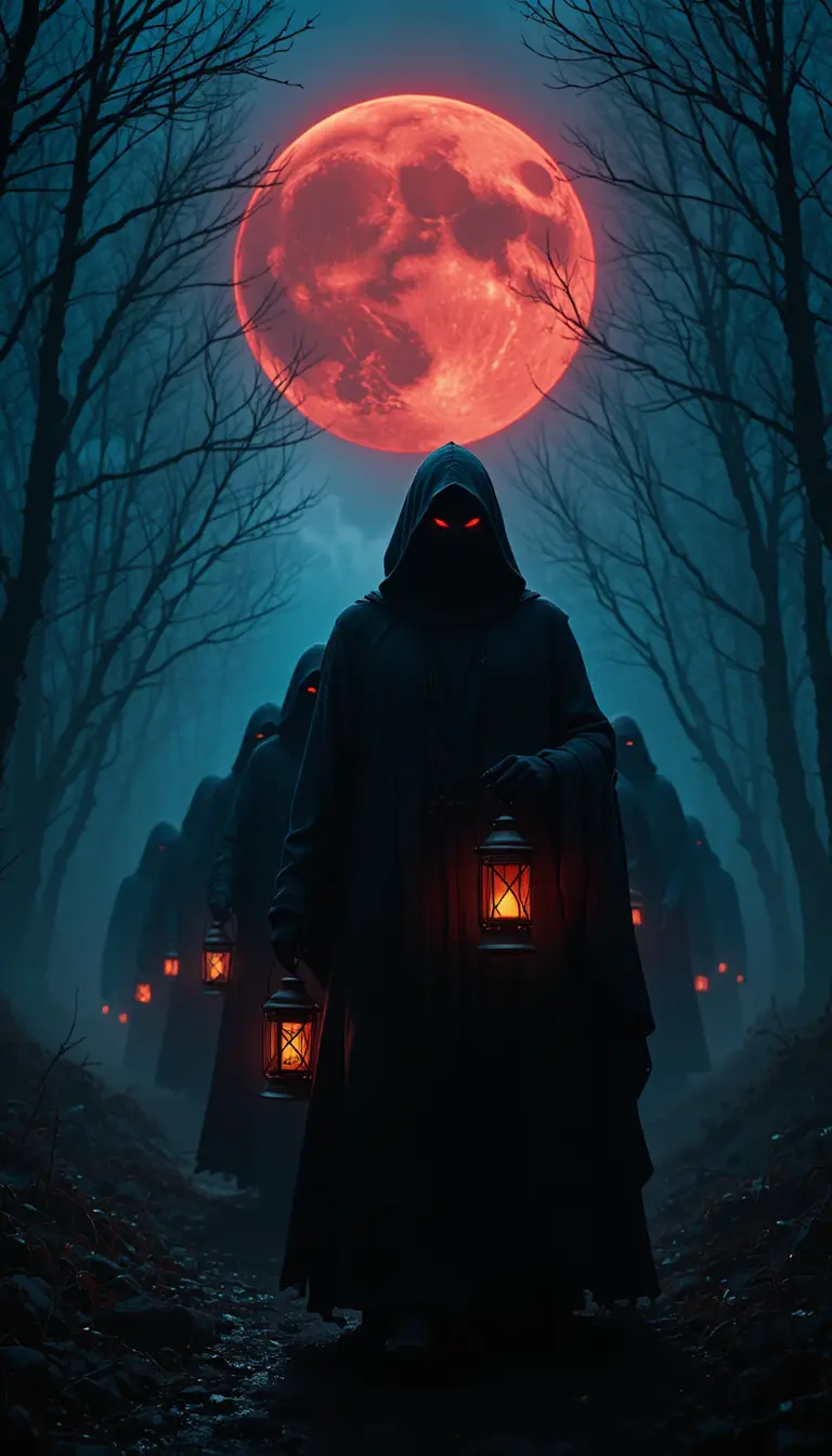 Hooded figures with lanterns under a blood red moon