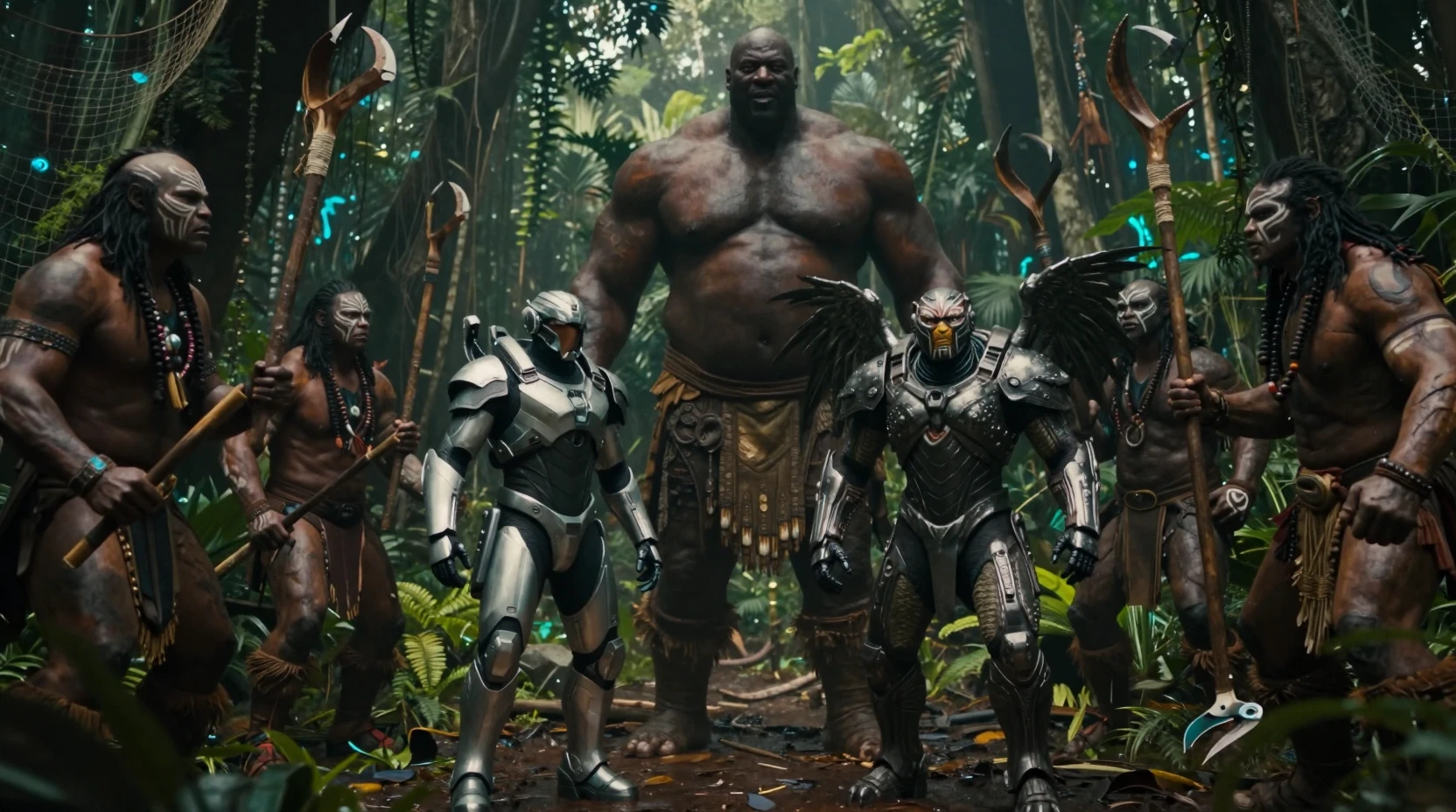 Guerreiros futuristas enfrentam gigantes tribais na floresta tropical sombria