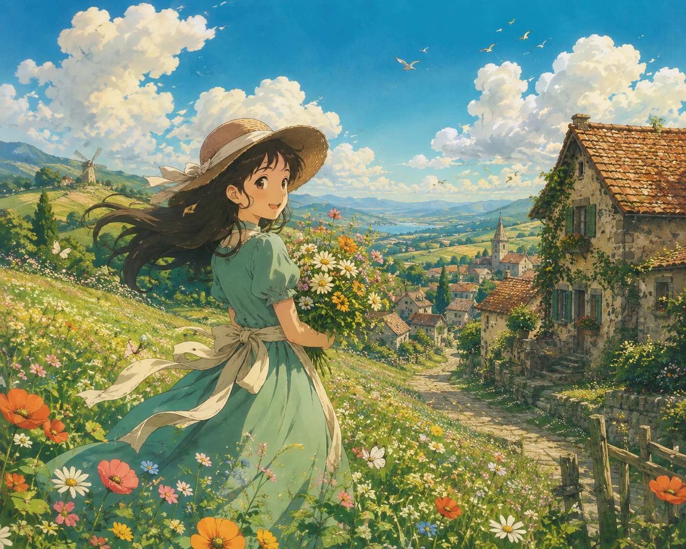 Collines pastorales et fleurs sauvages dans une campagne de rêve