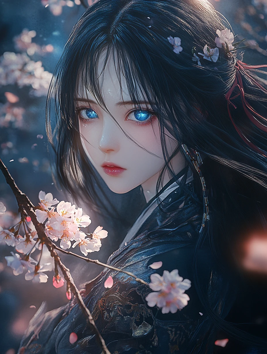Anime-Mädchen hält Kirschblüten im dramatischen Fantasy-Licht