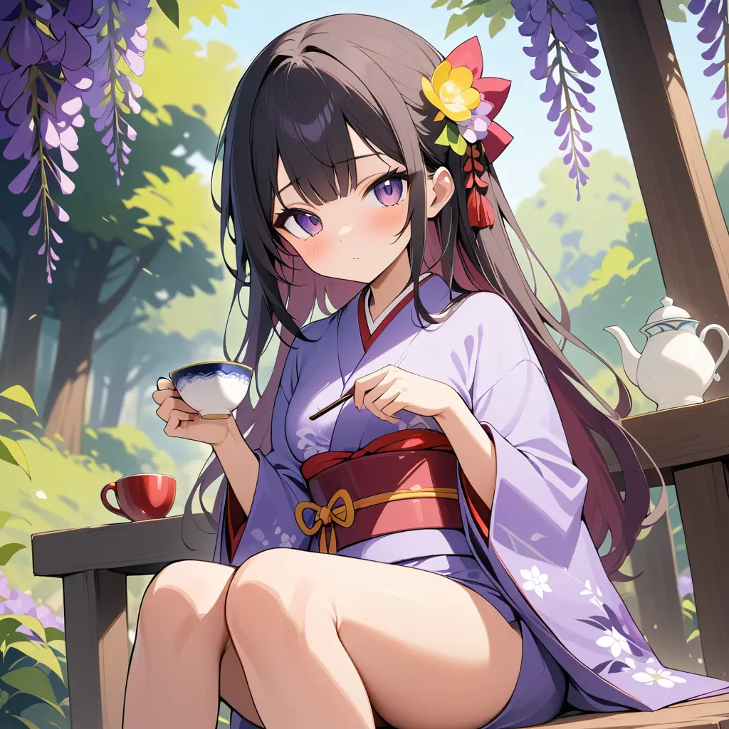 紫色和服少女在紫藤花下喝茶