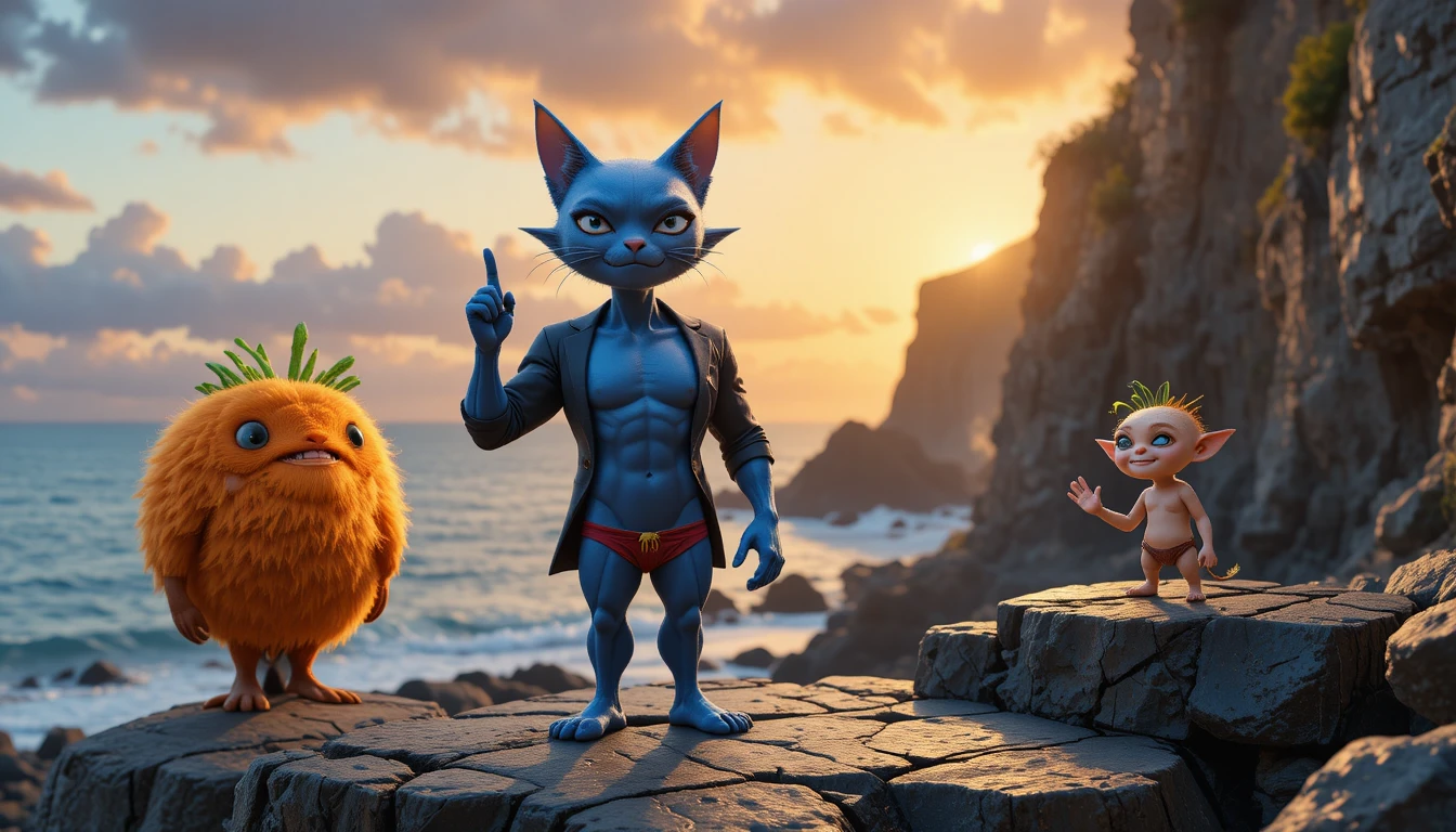 Héros chat bleu et créatures sur une côte rocheuse au coucher du soleil