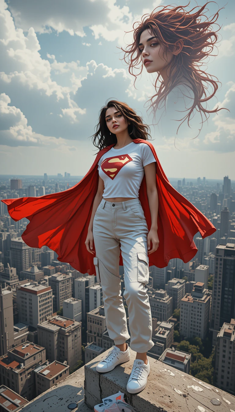 Jovem heroína latina em um telhado acima de um dramático horizonte urbano