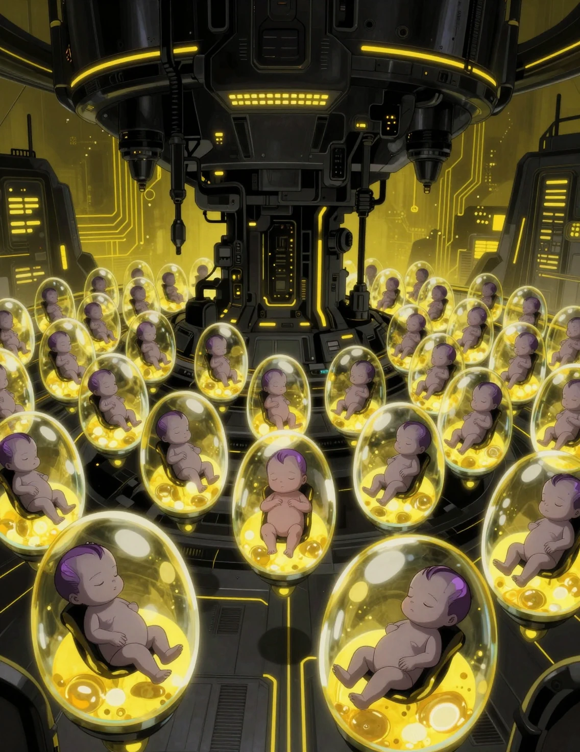 Futuristic cloning facility of unborn babies in neon chambers