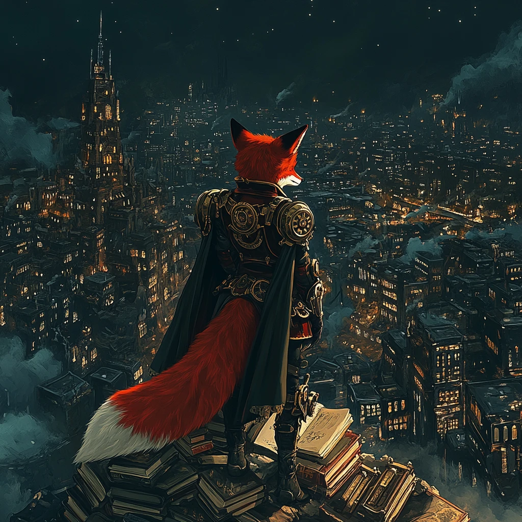 Volpe steampunk che osserva una città retrofuturistica di notte