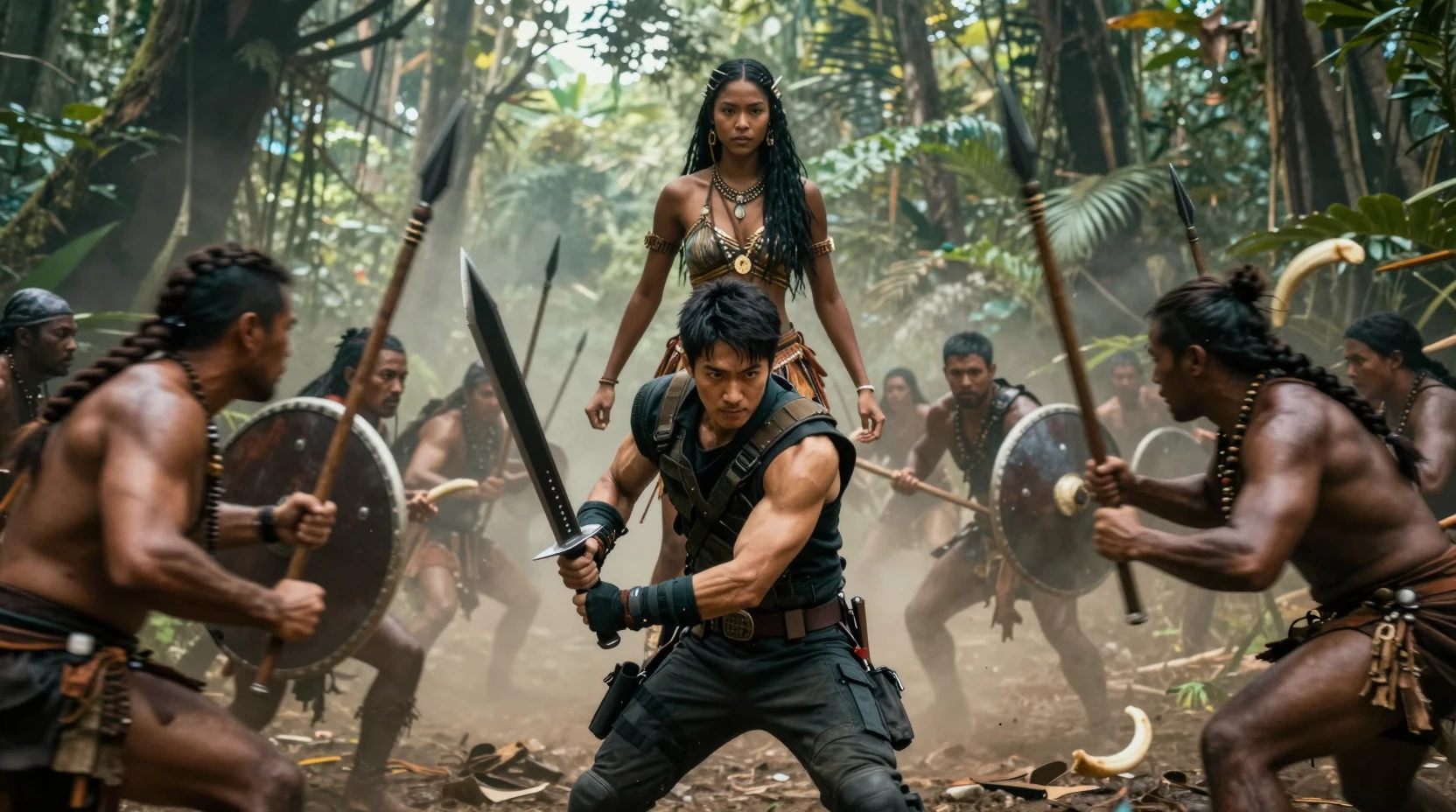 Warrior and tribal ally fighting in misty Amazon rainforest