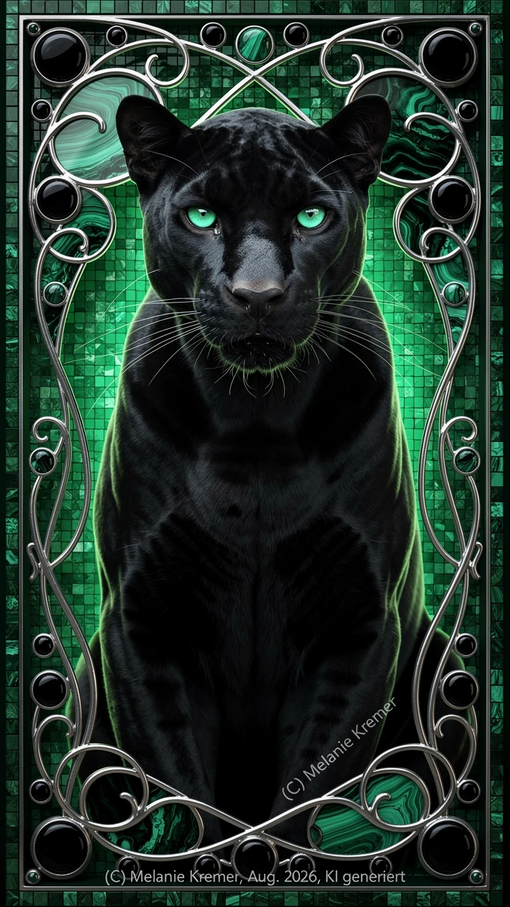 Retrato majestoso de pantera com fundo de mosaico esmeralda em art nouveau