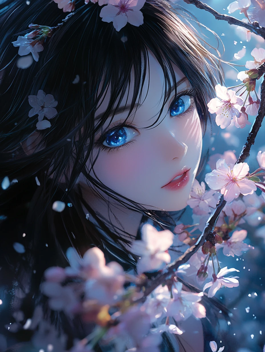 Ragazza anime con fiori di ciliegio in un drammatico ritratto fantasy