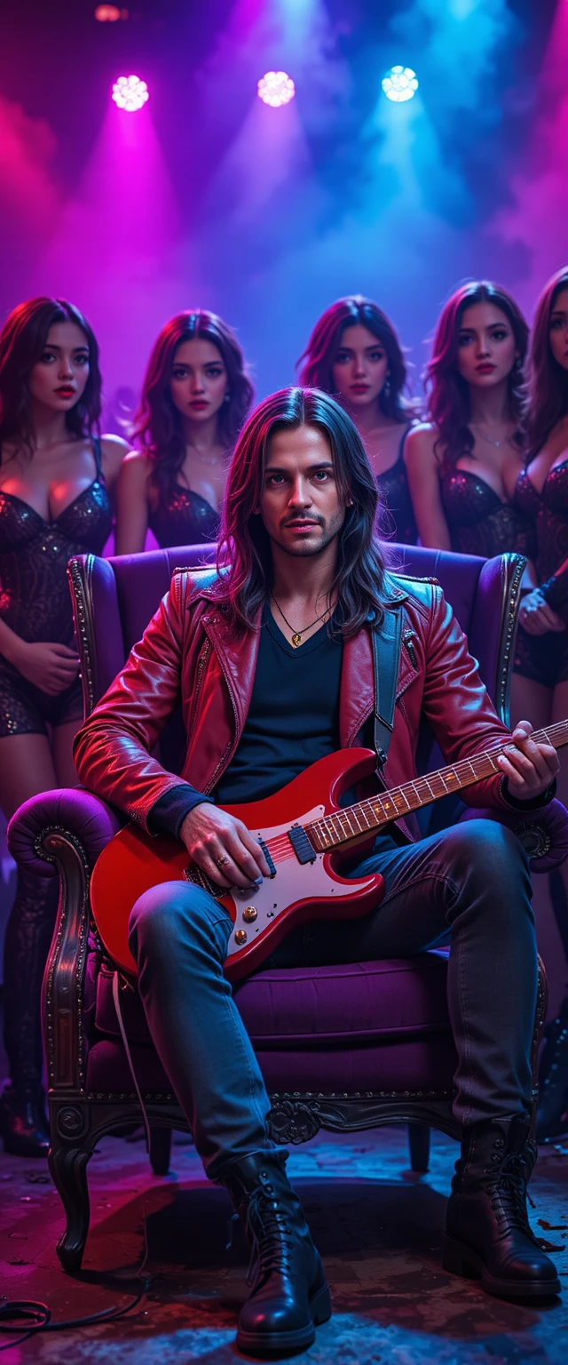 Vampire rock star on purple velvet armchair with guitar