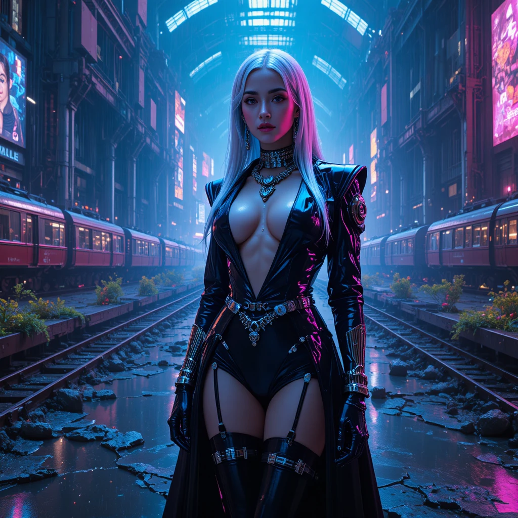 Heroína futurista em passarela de megastação arruinada banhada em neon