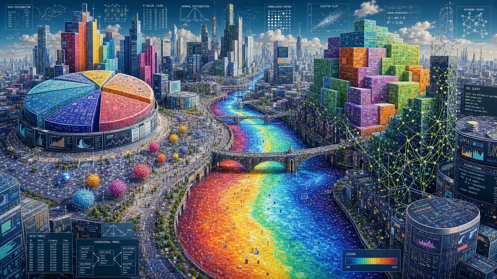 Futuristic city of buildings made from pure data visualizations