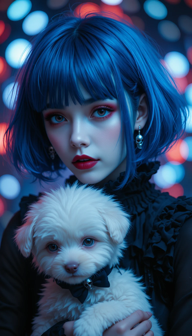Mulher gótica de cabelo azul segurando filhote branco