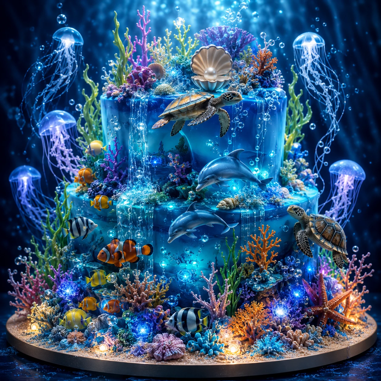 Fantasy underwater cake with coral reefs and sea life