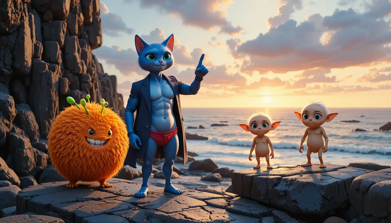 Blue Cat Hero On Rocky Coast At Warm Sunset