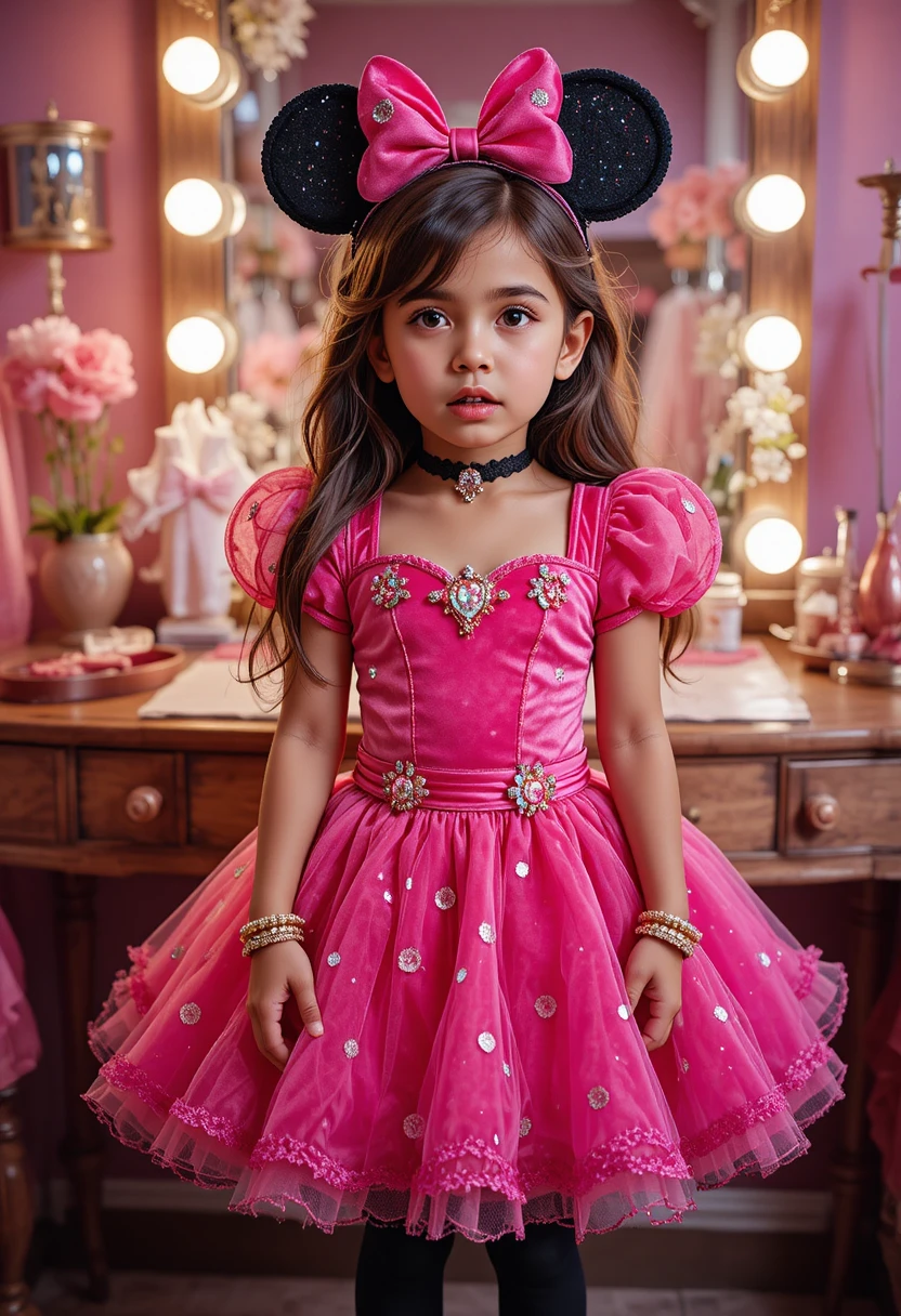 Menino hispânico com vestido de princesa Minnie na penteadeira do quarto