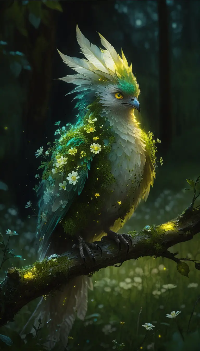 Oiseau Chimère Feuillu Enchanté Brillant dans une Clairière Forestière