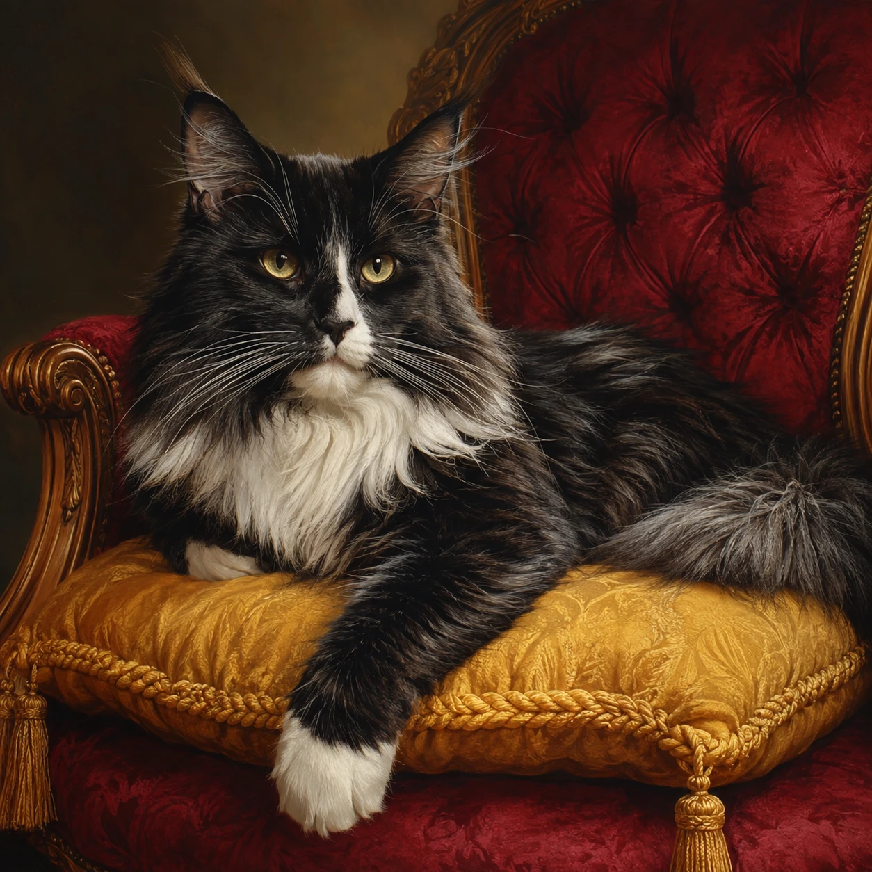 Gato maine coon preto e branco em almofada dourada