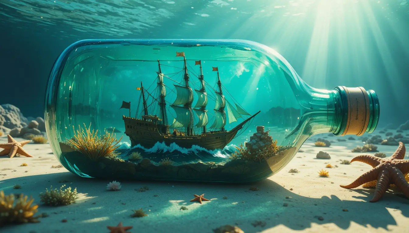 Naufrágio surreal em uma garrafa de vidro no fundo do oceano