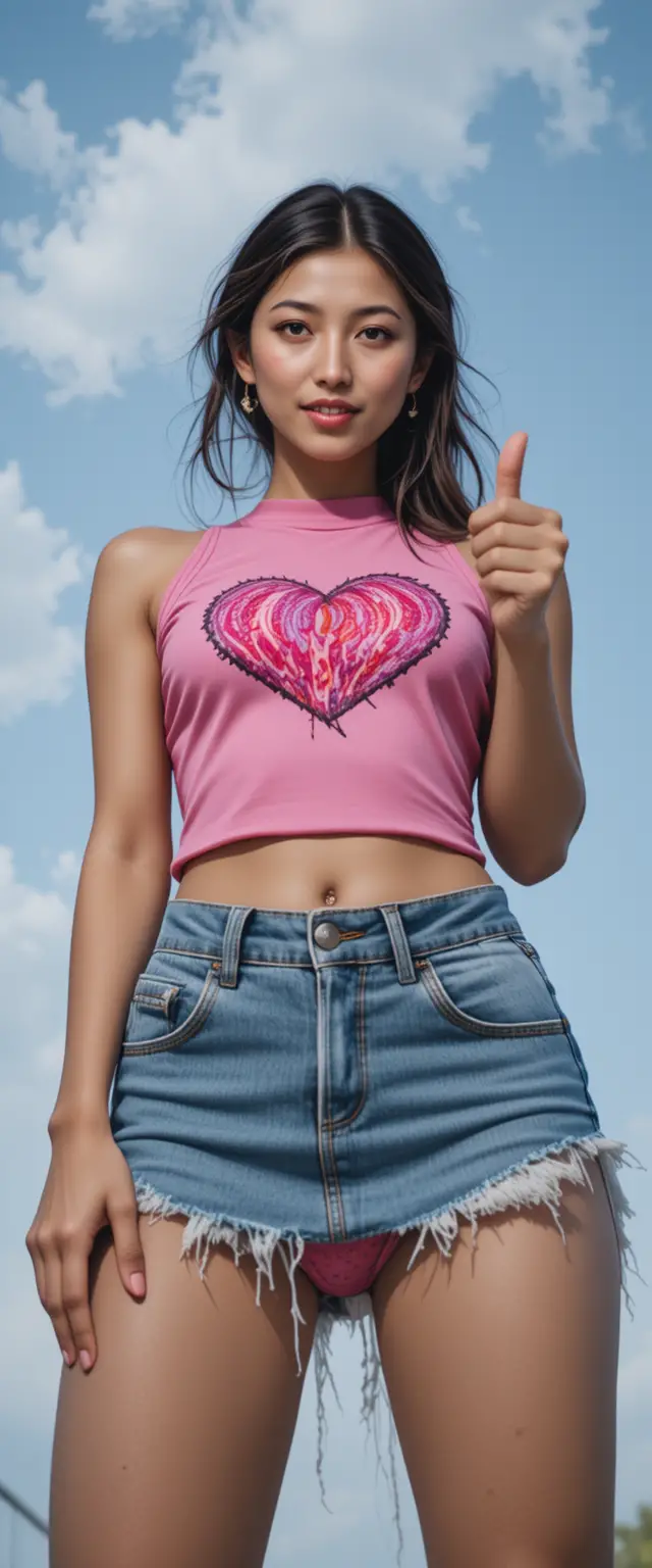 Selbstbewusste Frau im pinken Top vor blauem Himmel