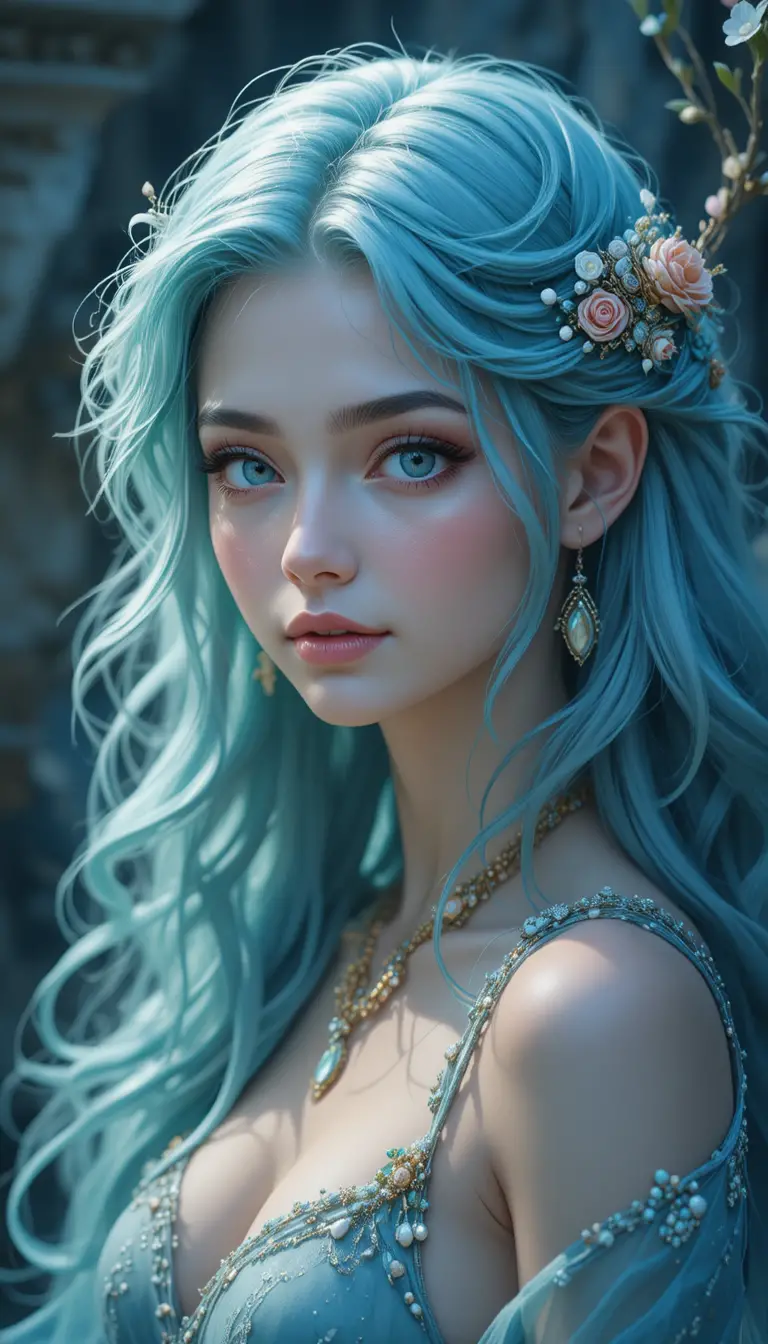 Elegante donna sirena in stile anime con abito blu oceano svolazzante