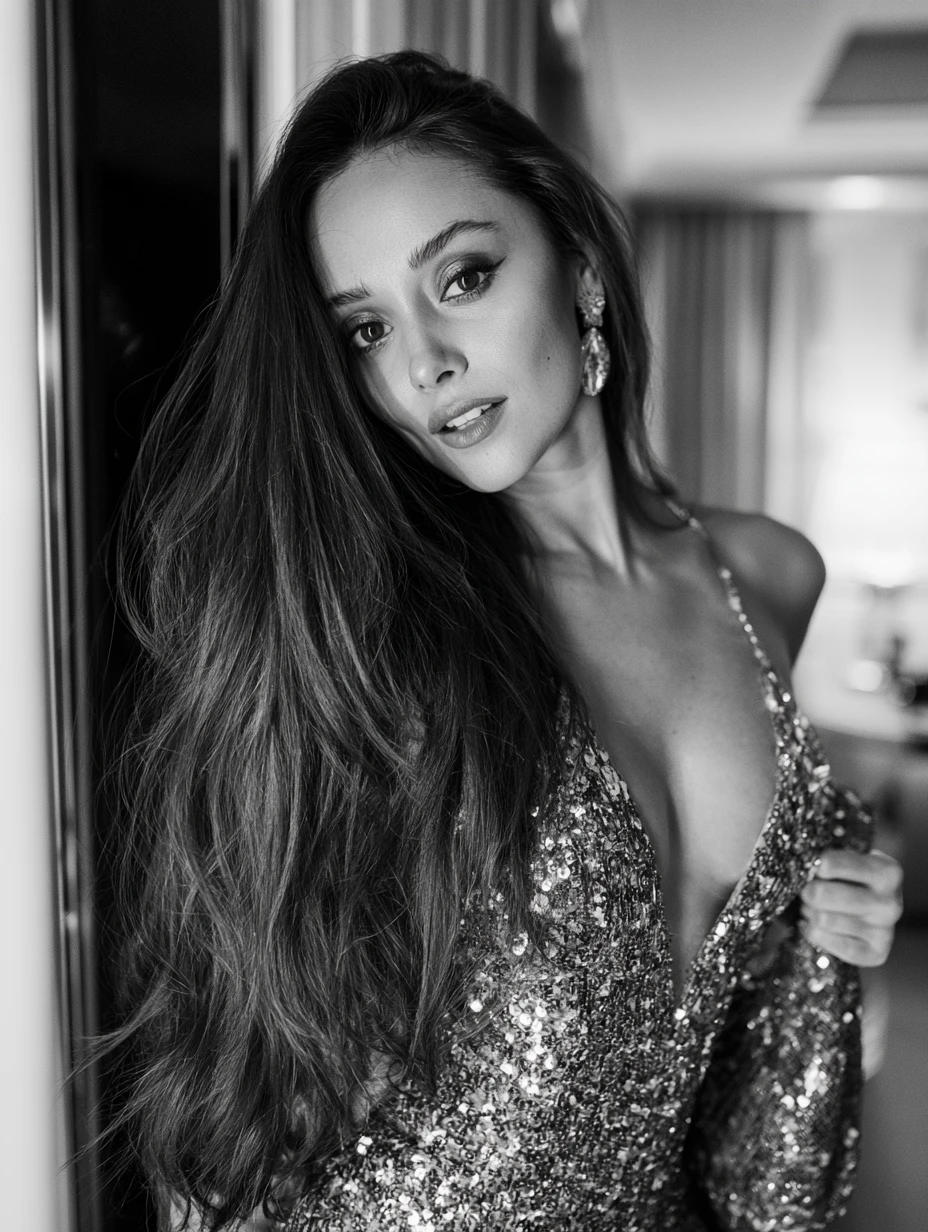 Mujer elegante con vestido de lentejuelas y bolso chic