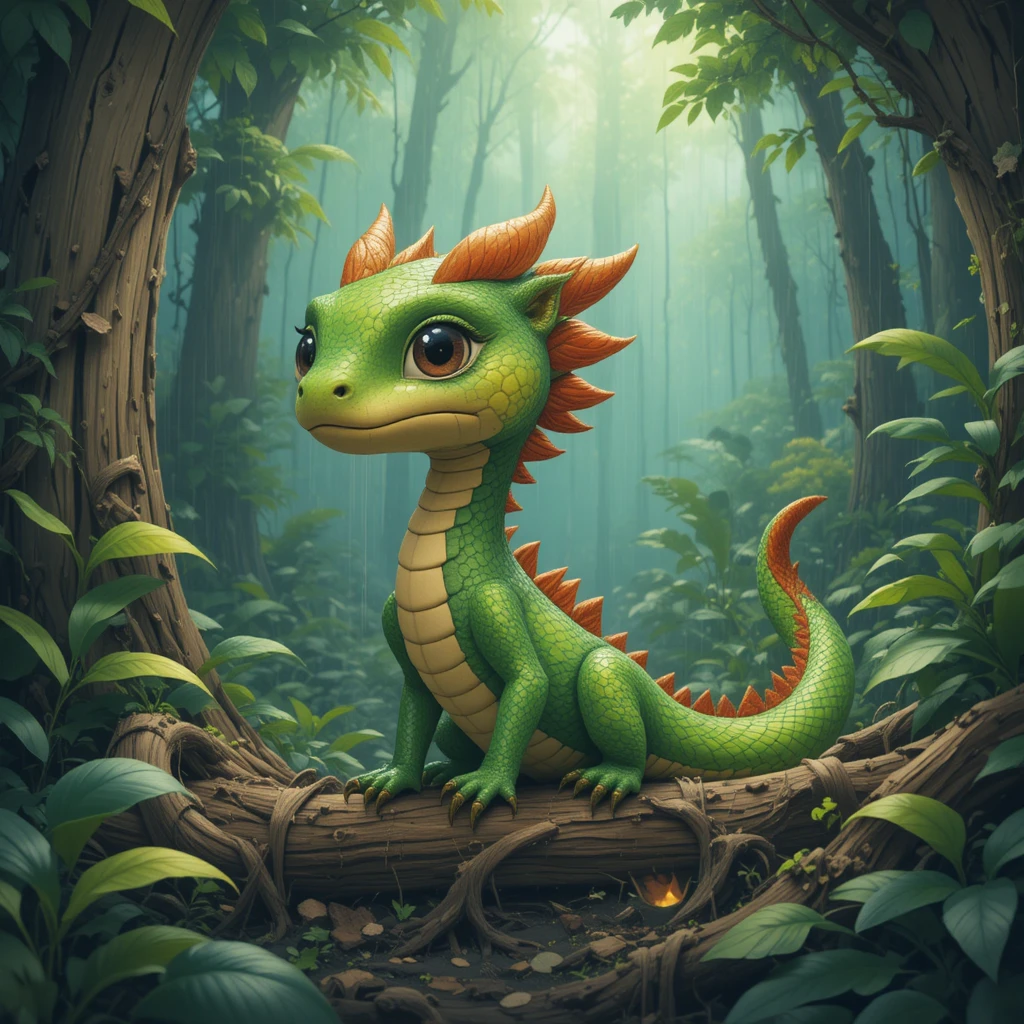 Small dragon in a colorful fantasy forest breathing gentle fire