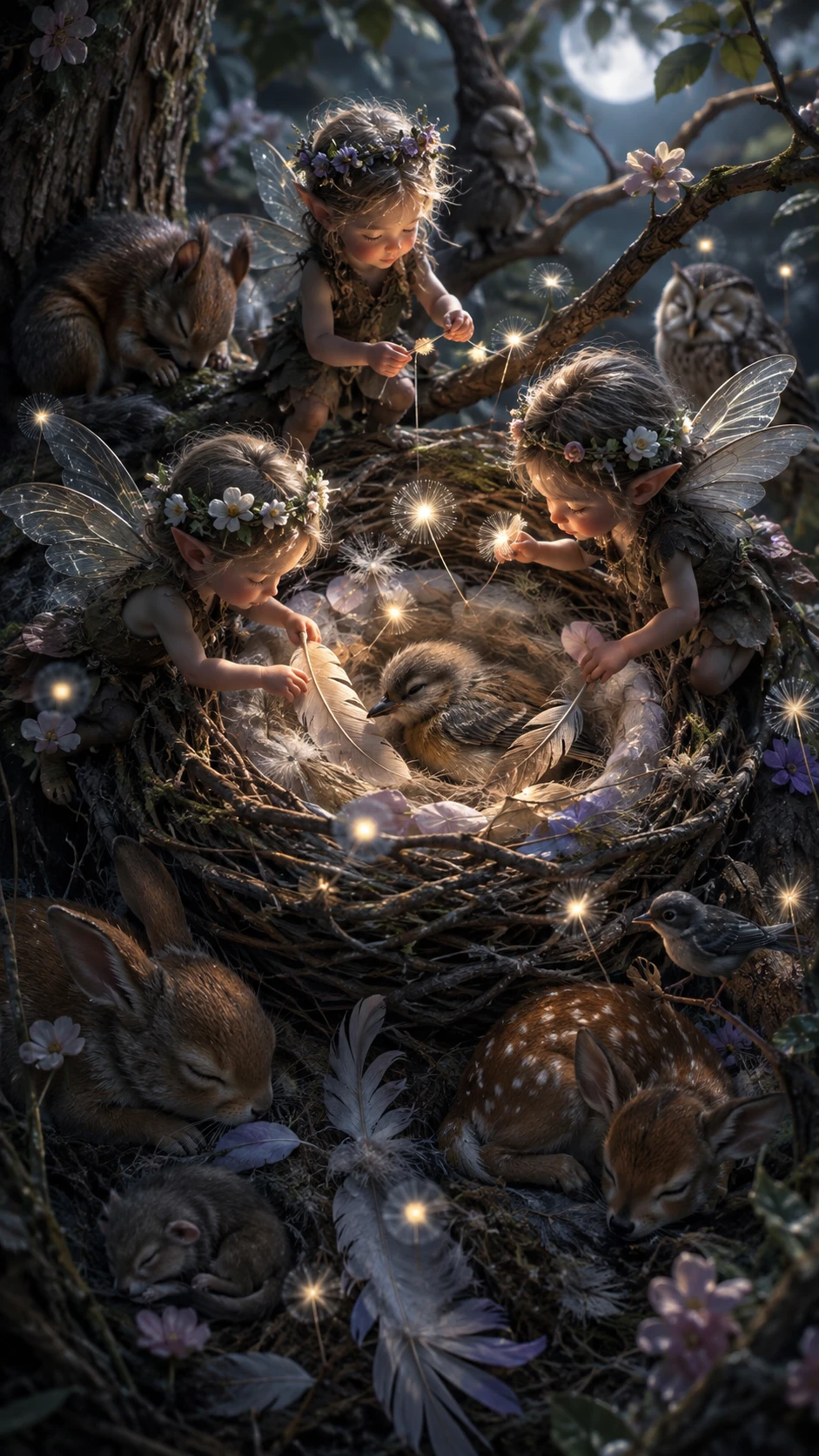 Tiny forest guardians weaving dreams in glowing bird nests