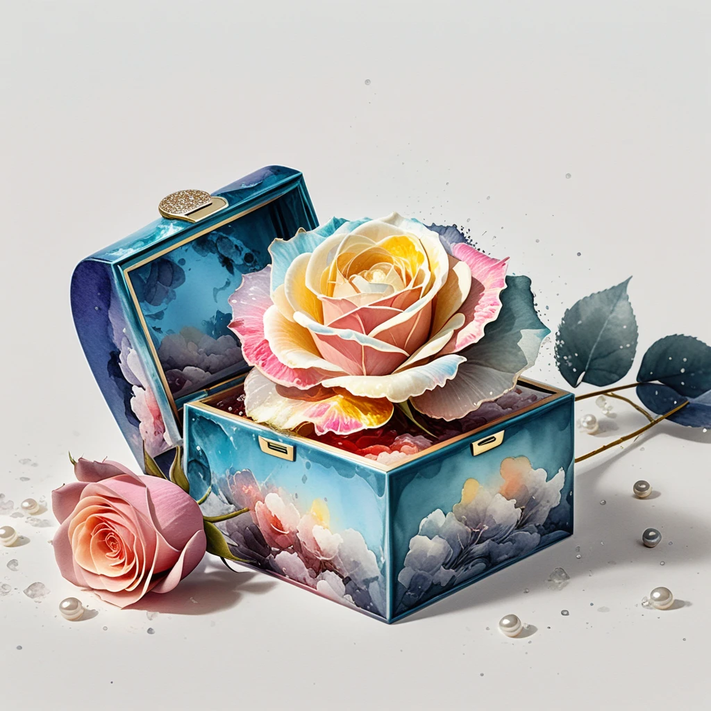 Scatola dei ricordi blu con rosa in fiore e perle in cascata