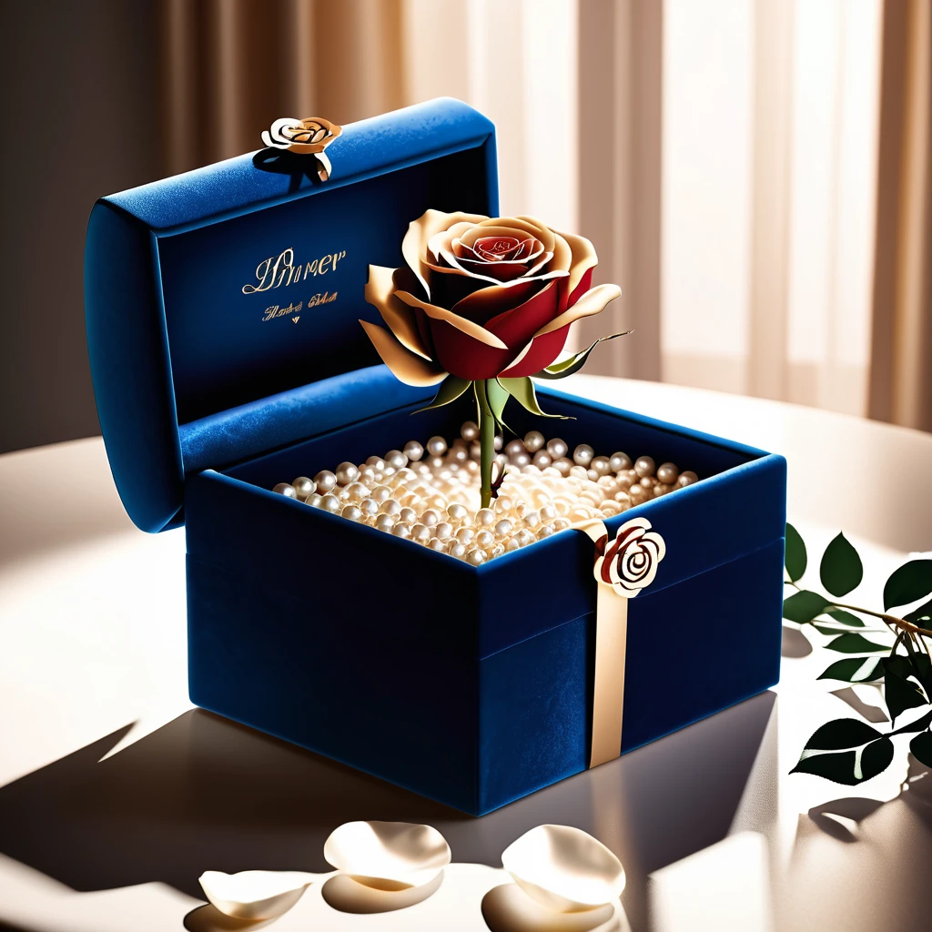 Boîte à souvenirs bleue avec rose épanouie et perles en cascade