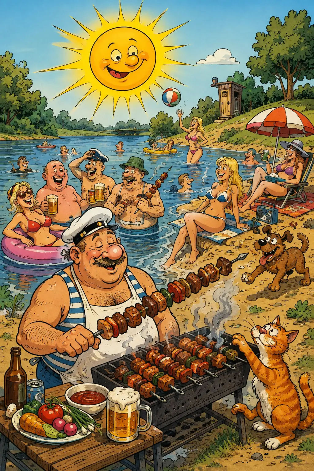 Playful cartoon barbecue by a sunny lakeside gathering