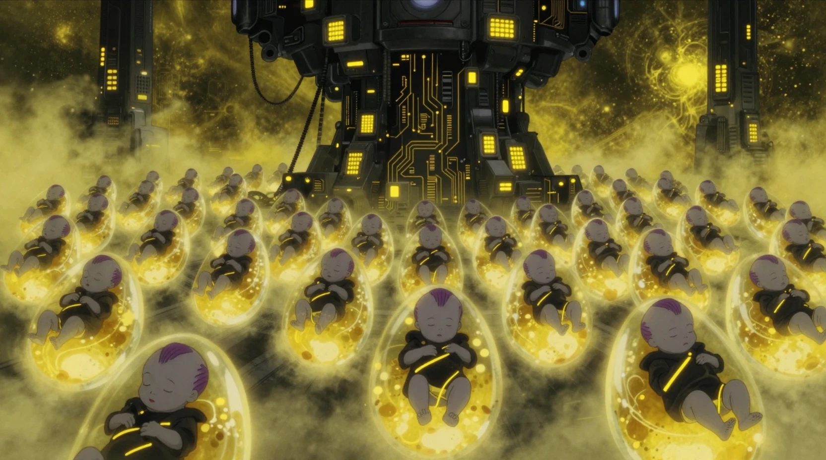 Futuristic cloning facility of unborn fetuses in glowing pods