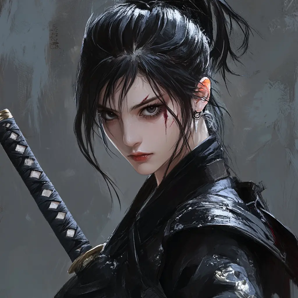 Guerrier ninja dark fantasy avec cache-œil et épée courte