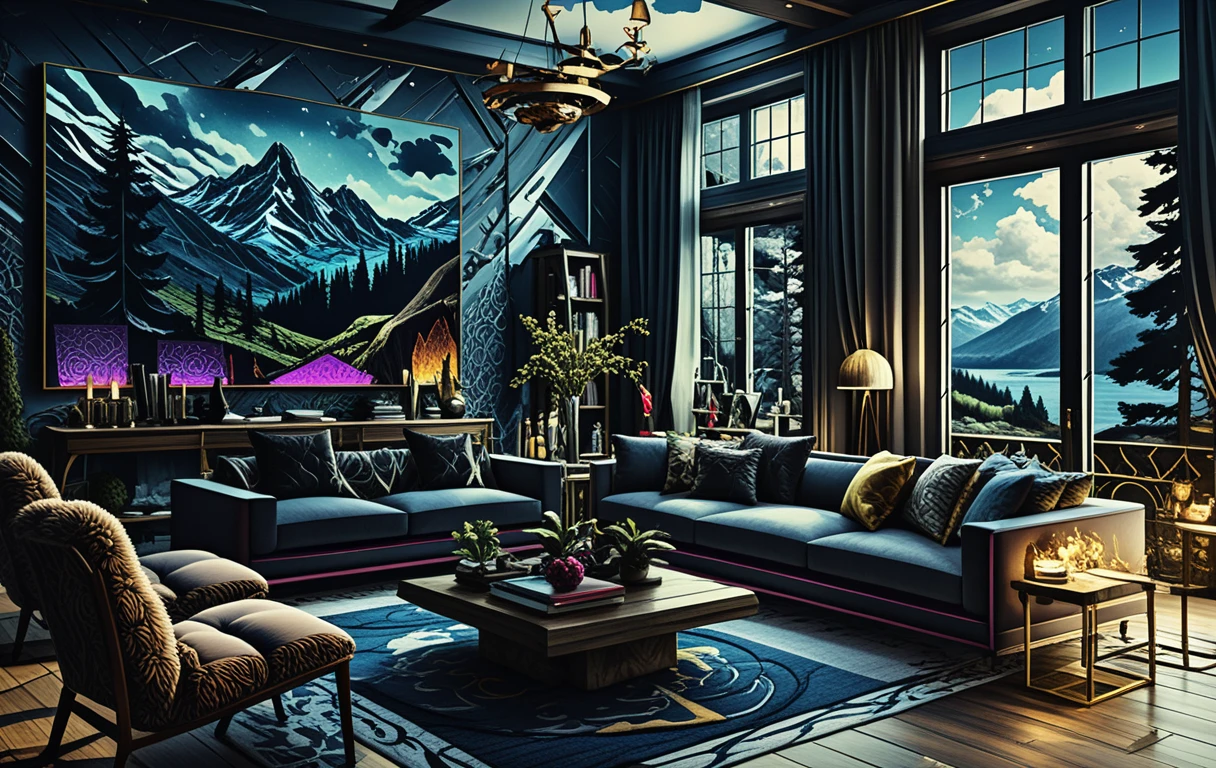 Sala de galería de fantasía oscura con paredes cubiertas de pinturas