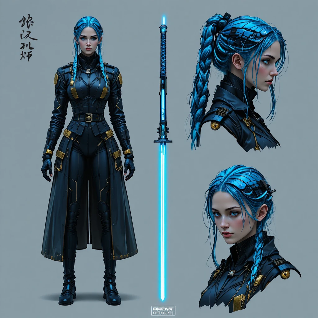 Mujer mercenaria cyberpunk con brazo cibernético y katana de plasma