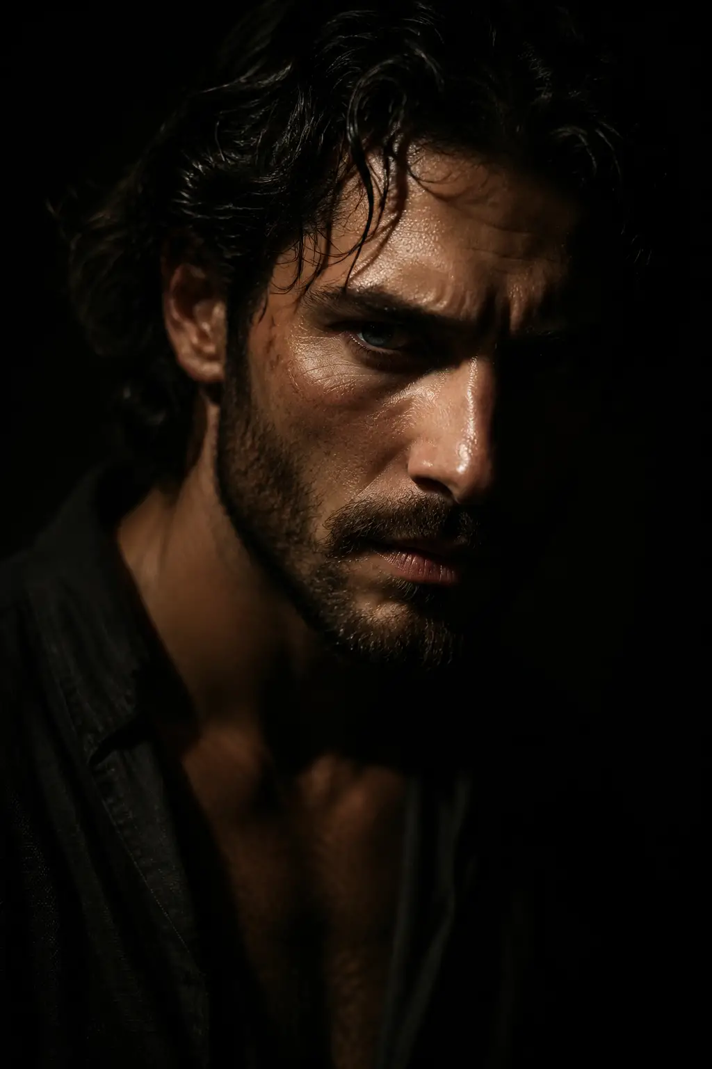 Brooding close up portrait in dramatic overhead shadow