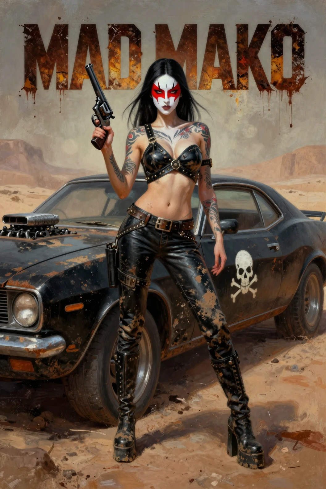 Warrior woman before black muscle car in desert wasteland