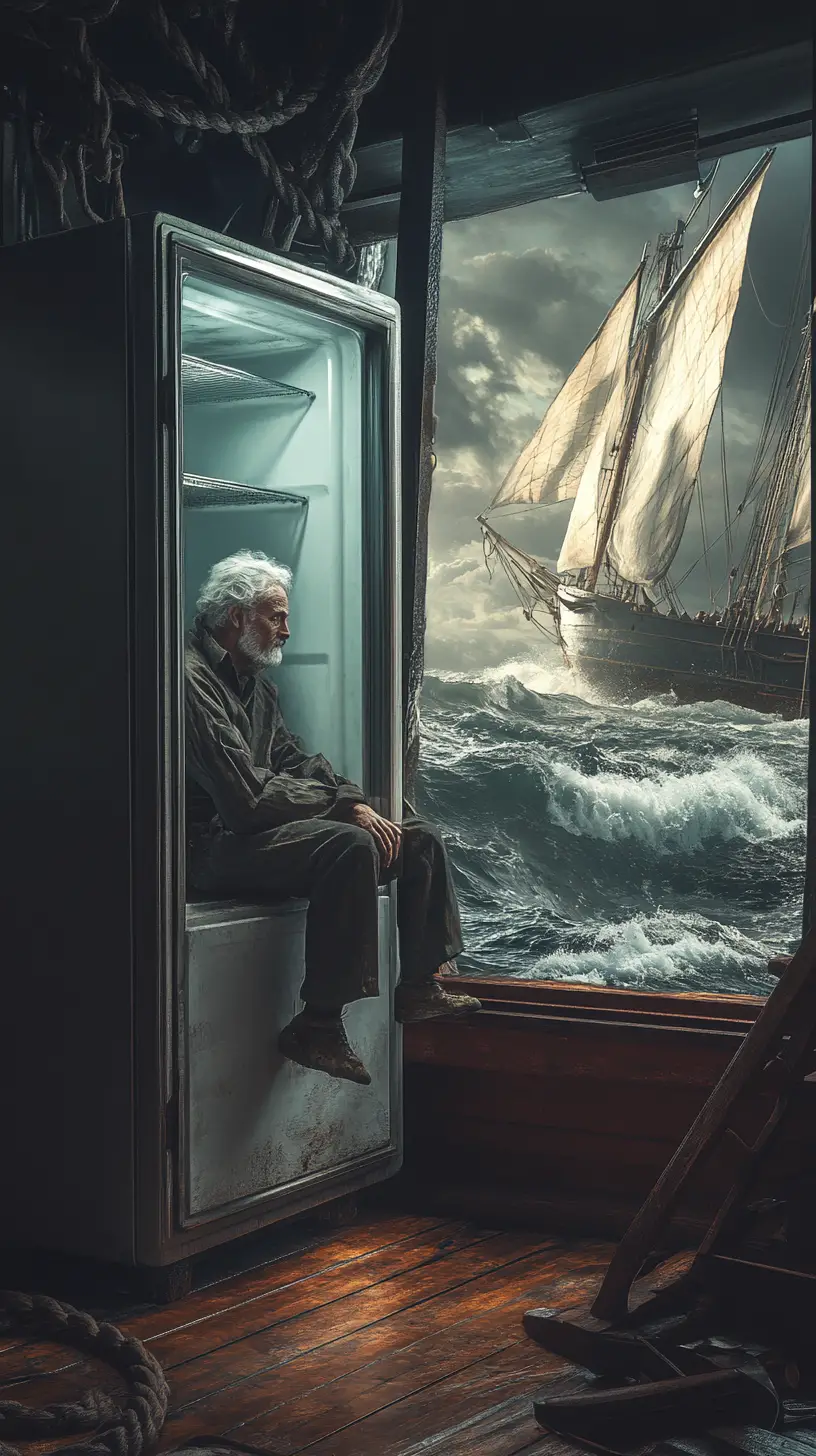 Old fisherman inside a fridge adrift on stormy sea