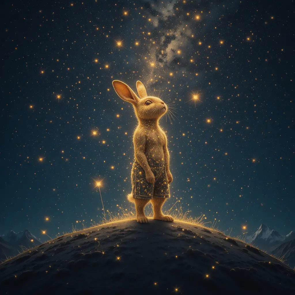 Lapin doré brillant dans une galaxie sombre et étoilée