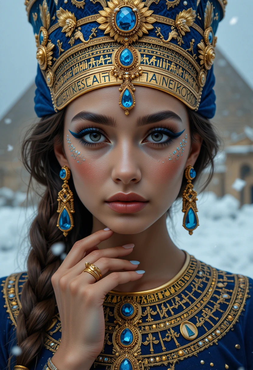 Regina egizia ispirata a Cleopatra nella neve con forte contrasto
