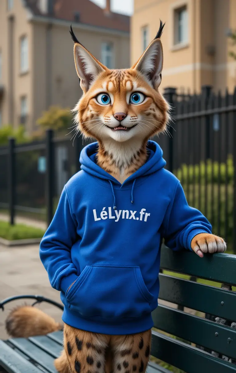 Anthropomorphic lynx in blue hoodie by a park bench