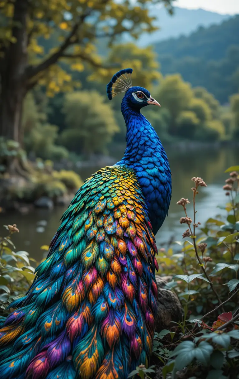 Colorful peacock with flowing iridescent feathers outdoors