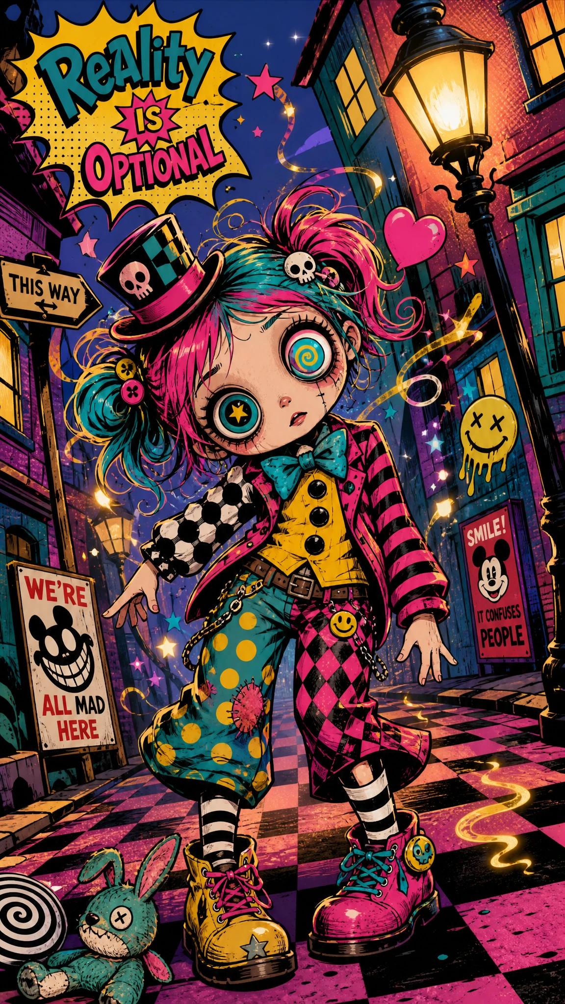 Figura de olhos de boneca em uma rua urbana iluminada