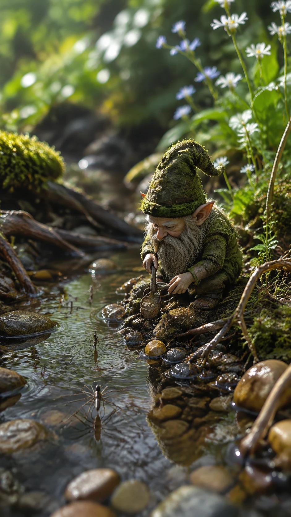 Minuscule gnome réparant un ruisseau forestier limpide avec une truelle en gland