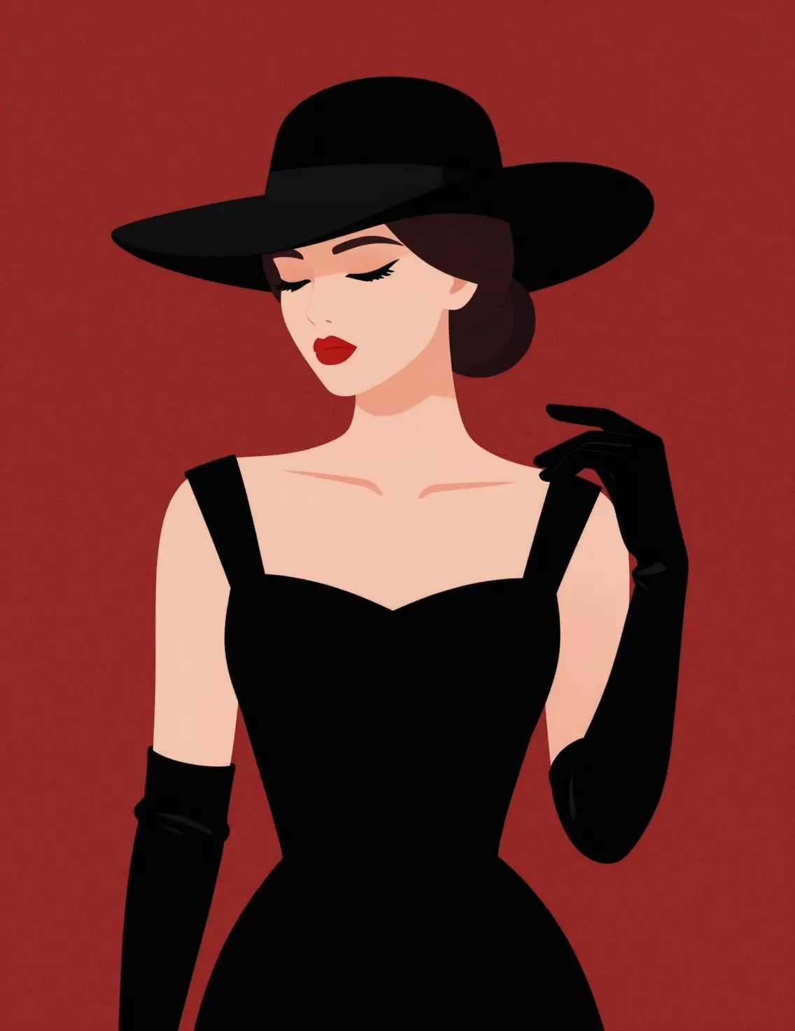 Elegant girl in black dress under dramatic hat shadow