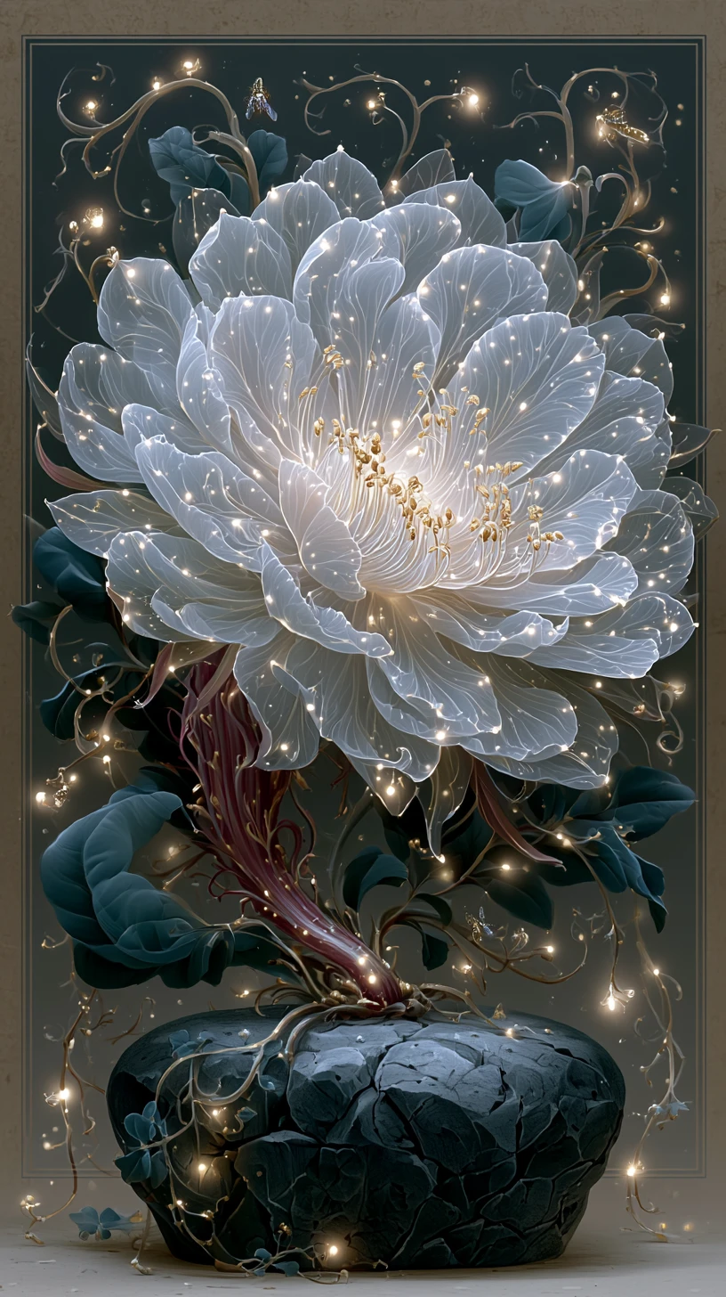 Leuchtende nachtblühende Blume auf einem dunklen Steinsockel