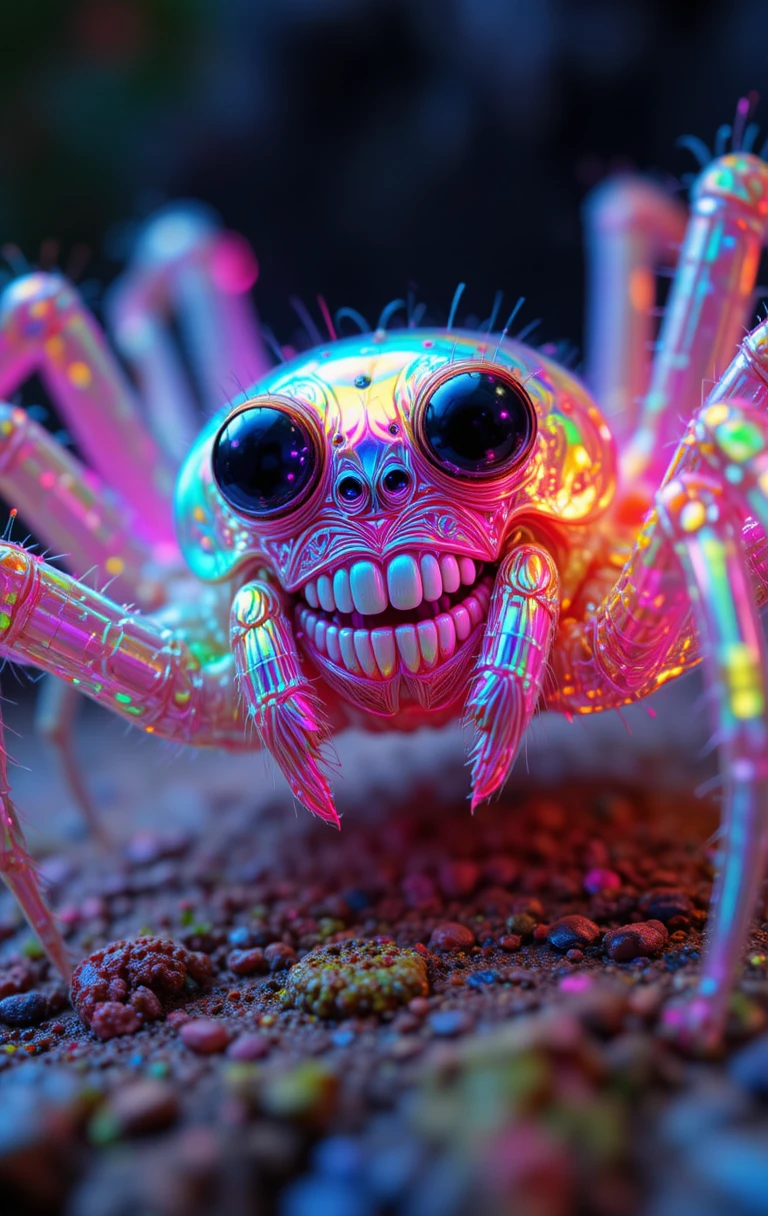 Schelmische Regenbogen-Spinne mit großen Kulleraugen, die grinst