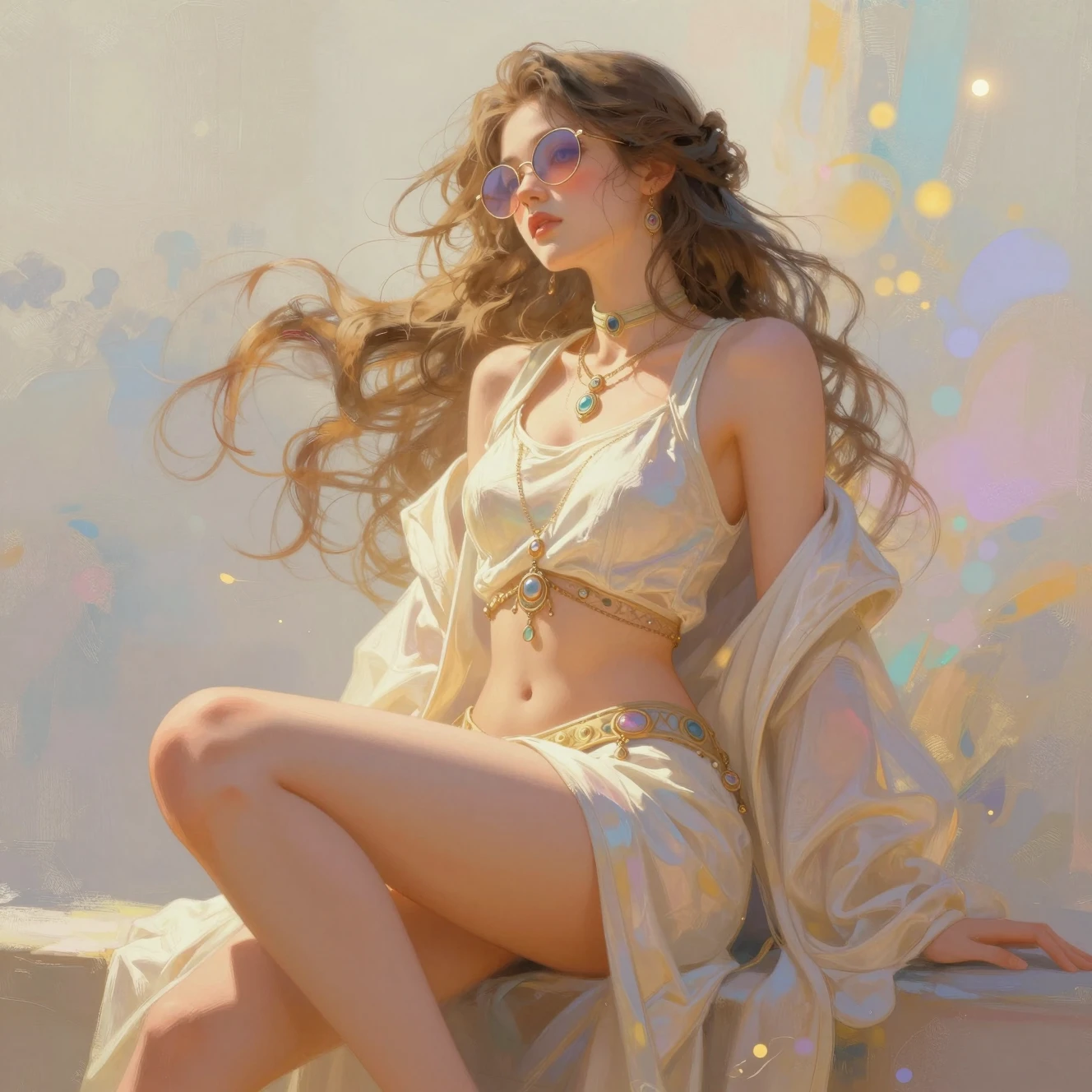 Low angle fantasy girl in pastel sunglasses and jewelry