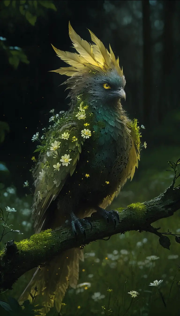 Uccello chimera etereo di foglie che brilla in una foresta